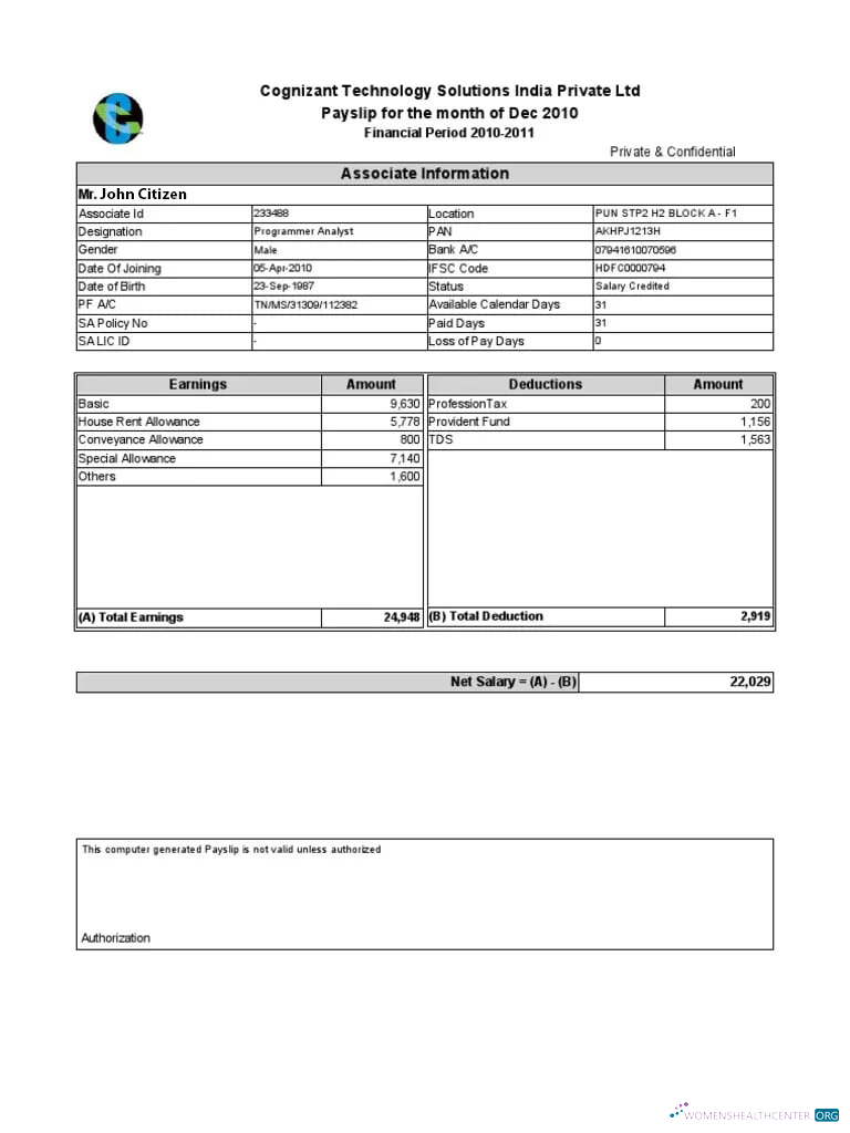 Download INDIA COGNIZANT Technology Solutions India Private Ltd payslip in Word and PDF formats Photoshop template